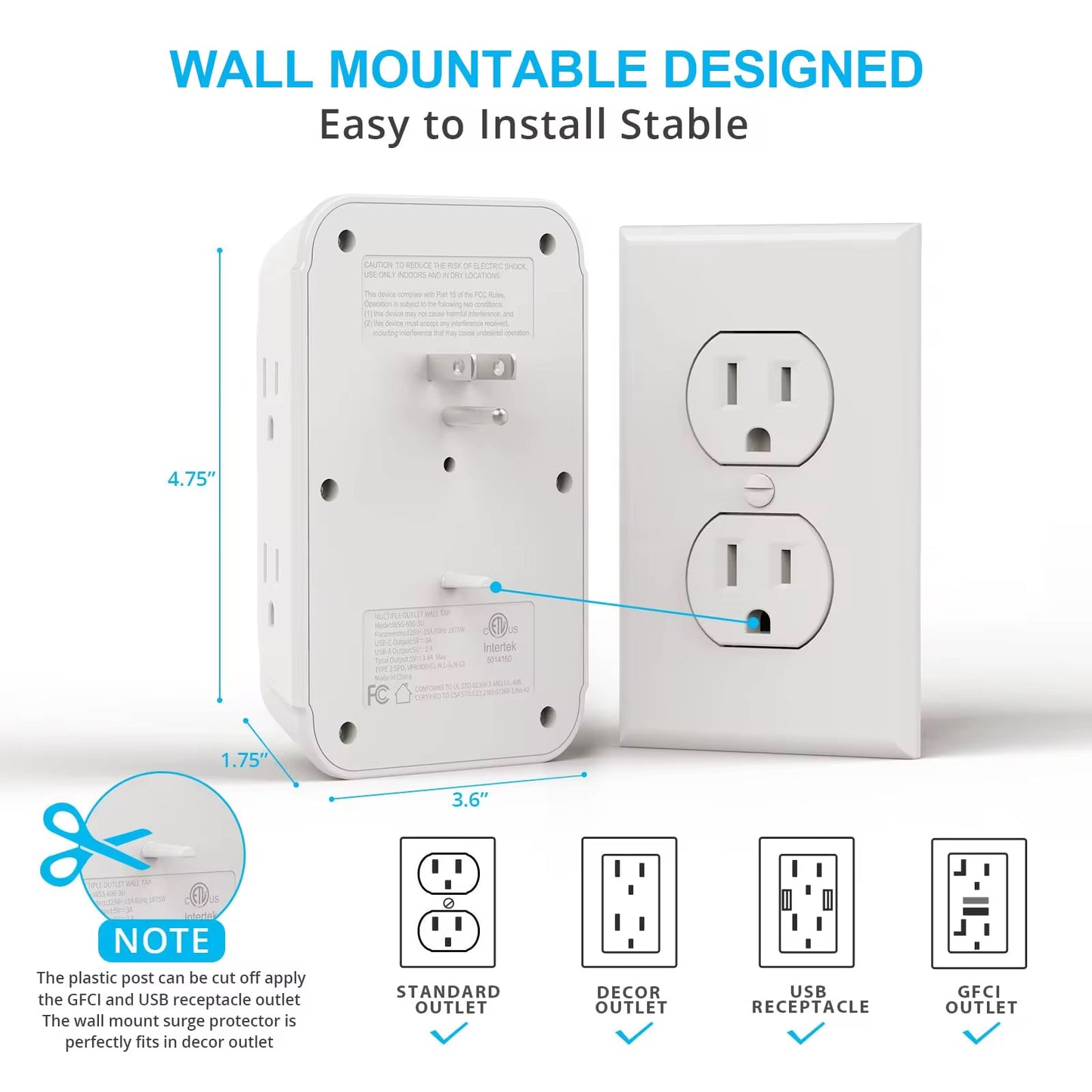 Outlet Extender Wall Mount Power Strip USB Wall Charger Multi Plug Outlets
