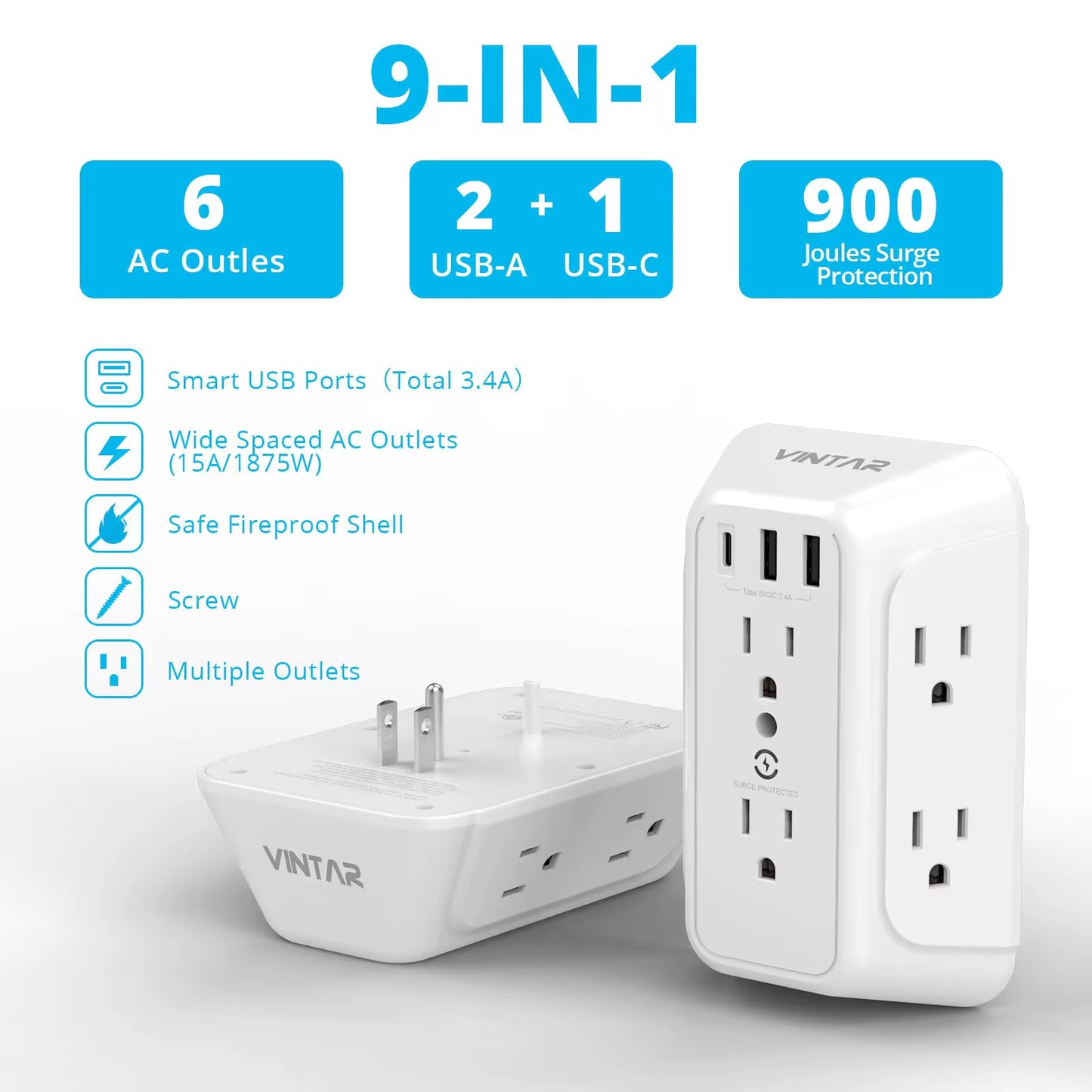 Outlet Extender Wall Mount Power Strip USB Wall Charger Multi Plug Outlets