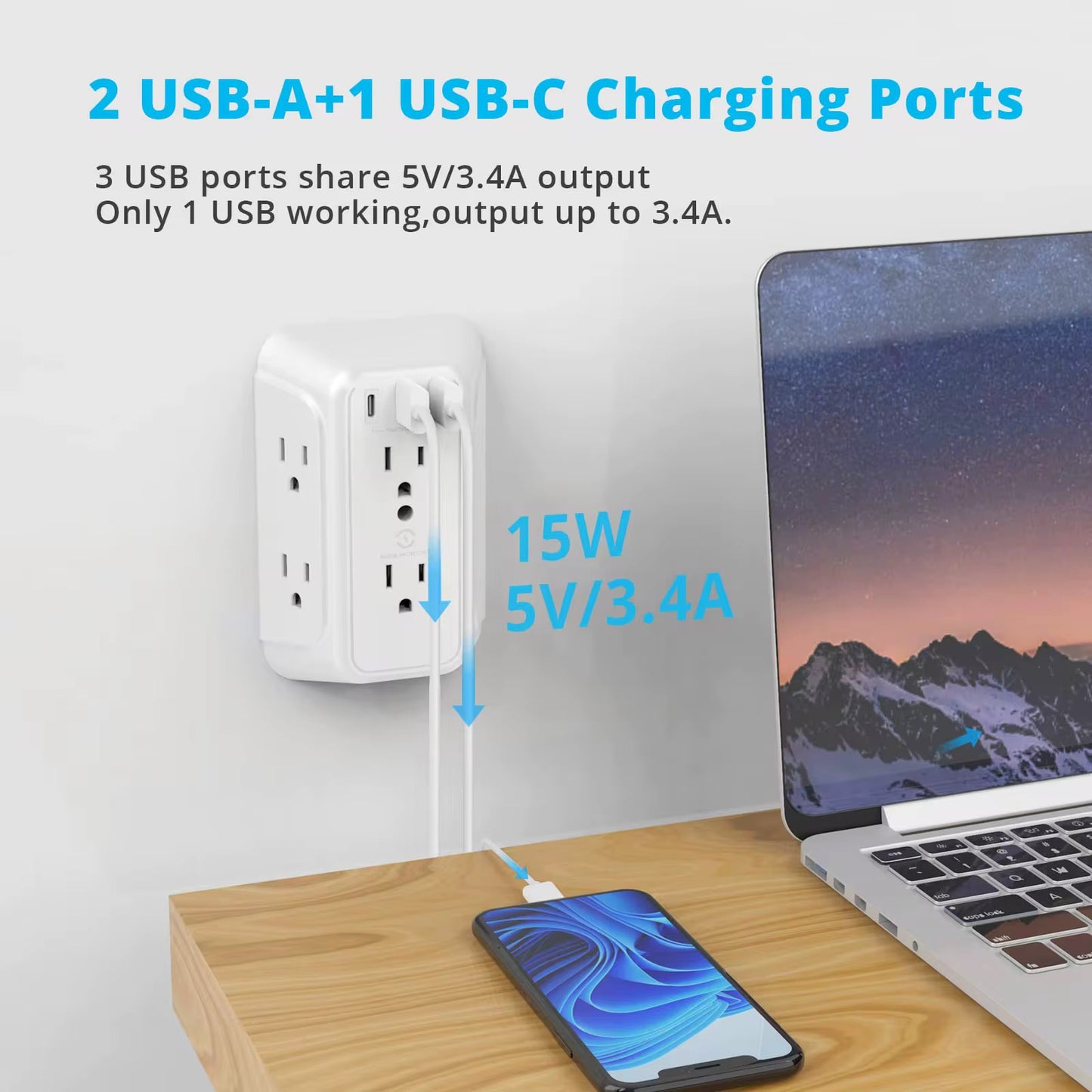Outlet Extender Wall Mount Power Strip USB Wall Charger Multi Plug Outlets